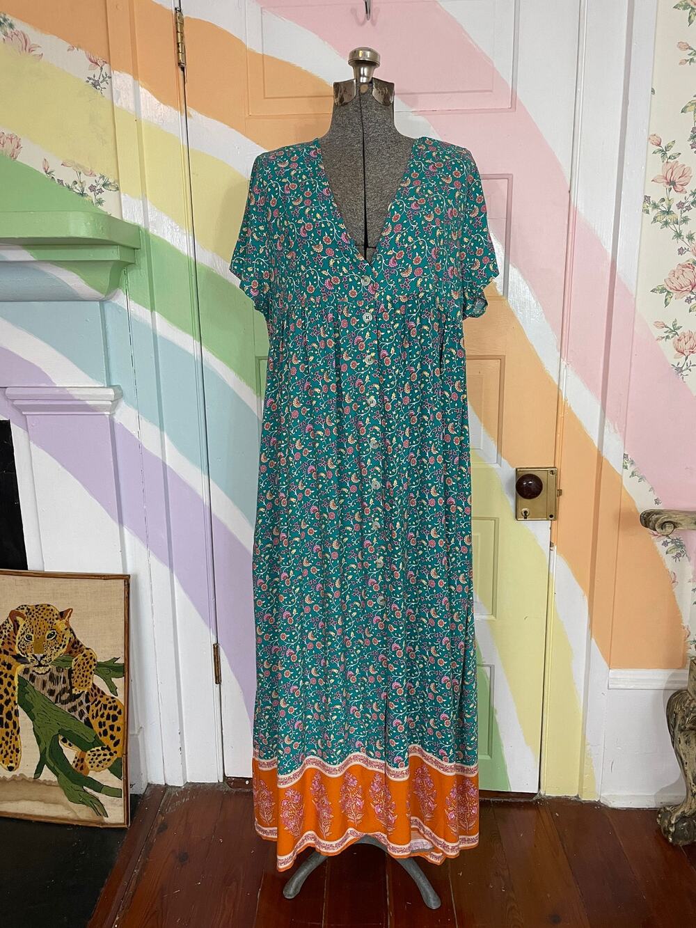 Natural Life Floral Maxi Dress L Teal Orange Boho Button Front Rayon